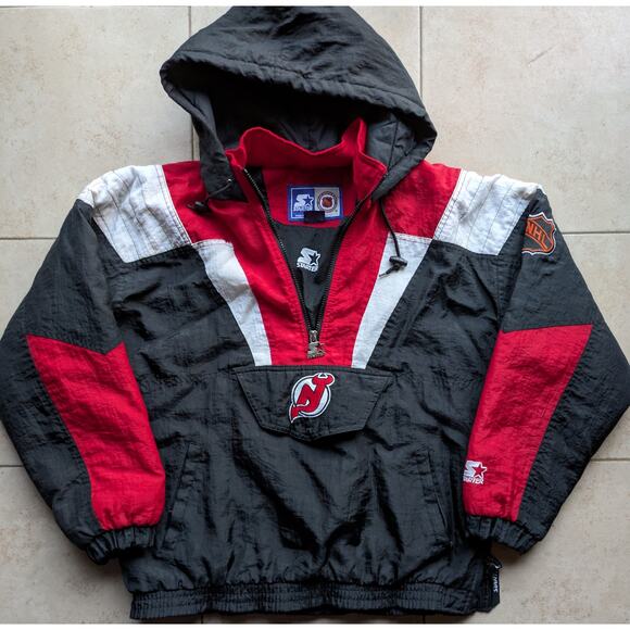New Jersey Devils 90s STARTER Color Block puffer 1/2 jacket yth L blk NHL vtg - Picture 4 of 6